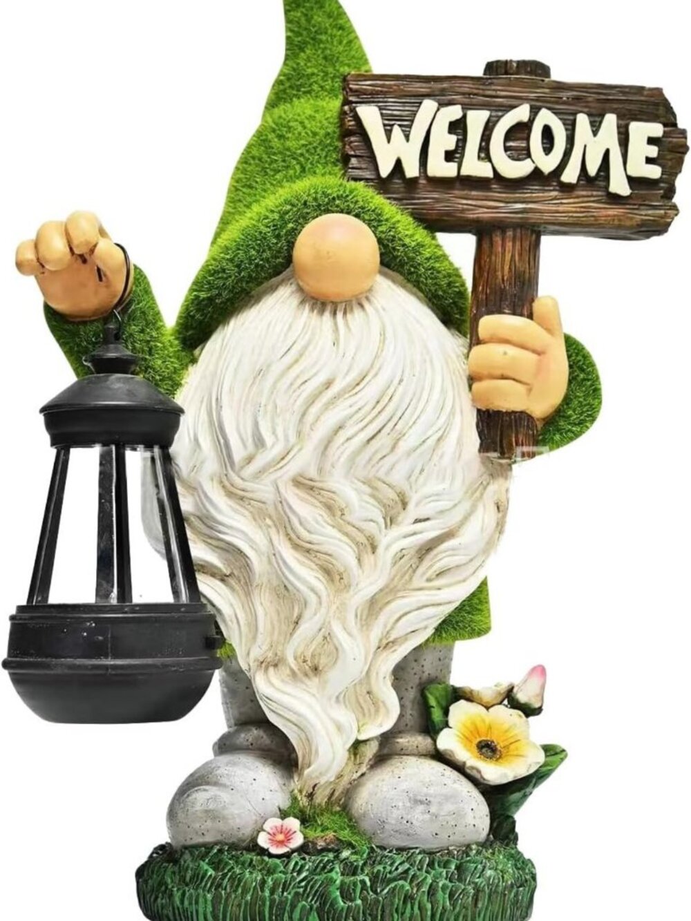 Large Outdoor Garden Gnome Statue with Solar Light & Lantern - Flocked Resin